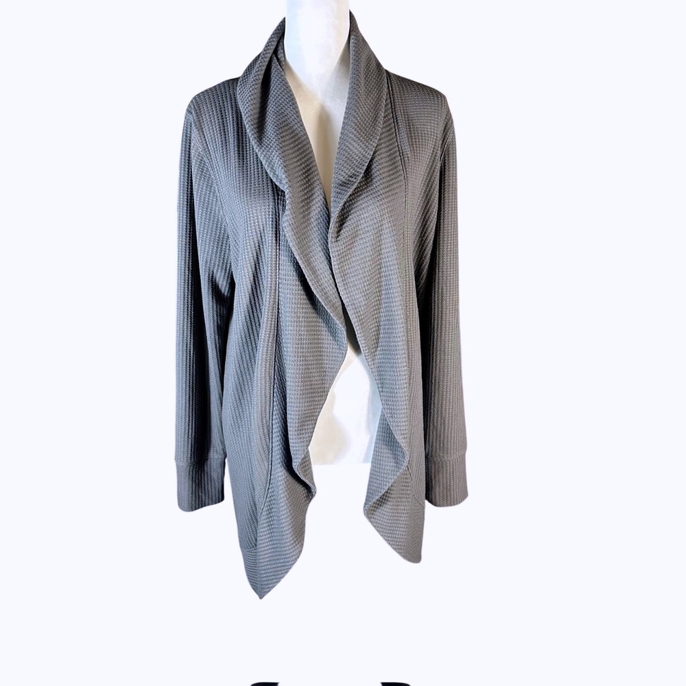 Talbots Cardigan Womens Medium Grey Waffle Knit Open Front Shawl Collar Draped
